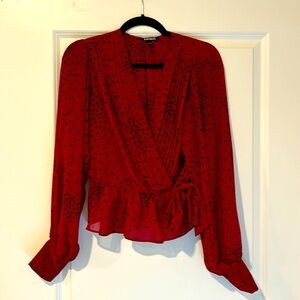 Express Pleated Heart Print Wrap Blouse- S